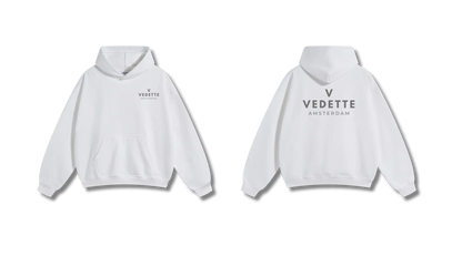 White Hoodie – Gray Logo – Chest + Back – Unisex Premium Fit