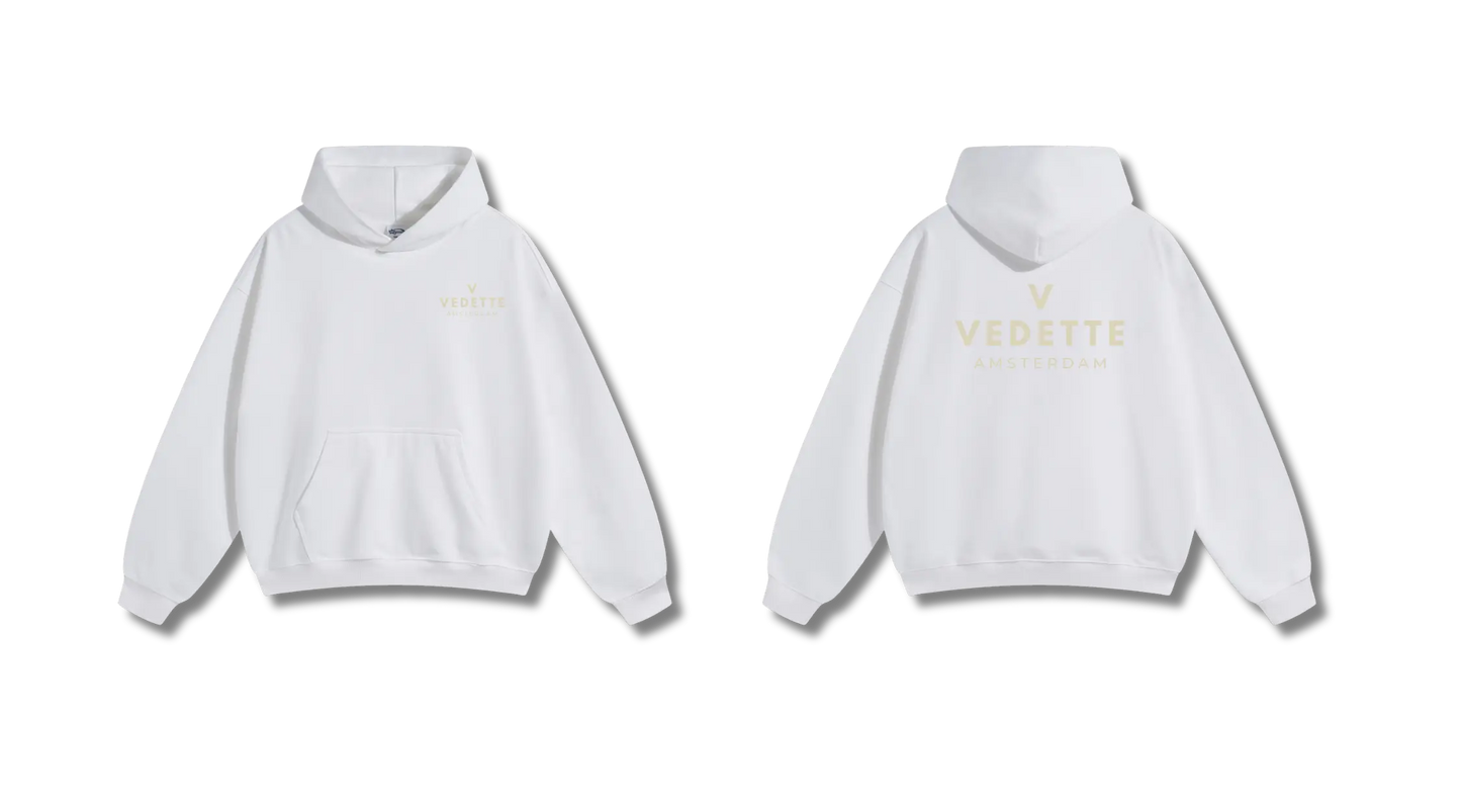 White Hoodie – Khaki Logo – Chest + Back – Unisex Premium Fit