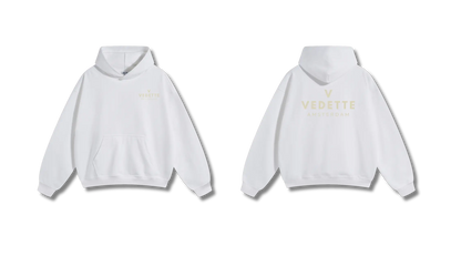 White Hoodie – Khaki Logo – Chest + Back – Unisex Premium Fit