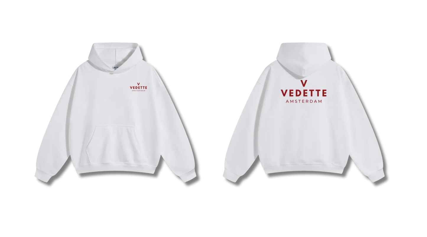 White Hoodie – Red Logo – Chest + Back – Unisex Premium Fit