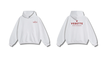 White Hoodie – Red Logo – Chest + Back – Unisex Premium Fit