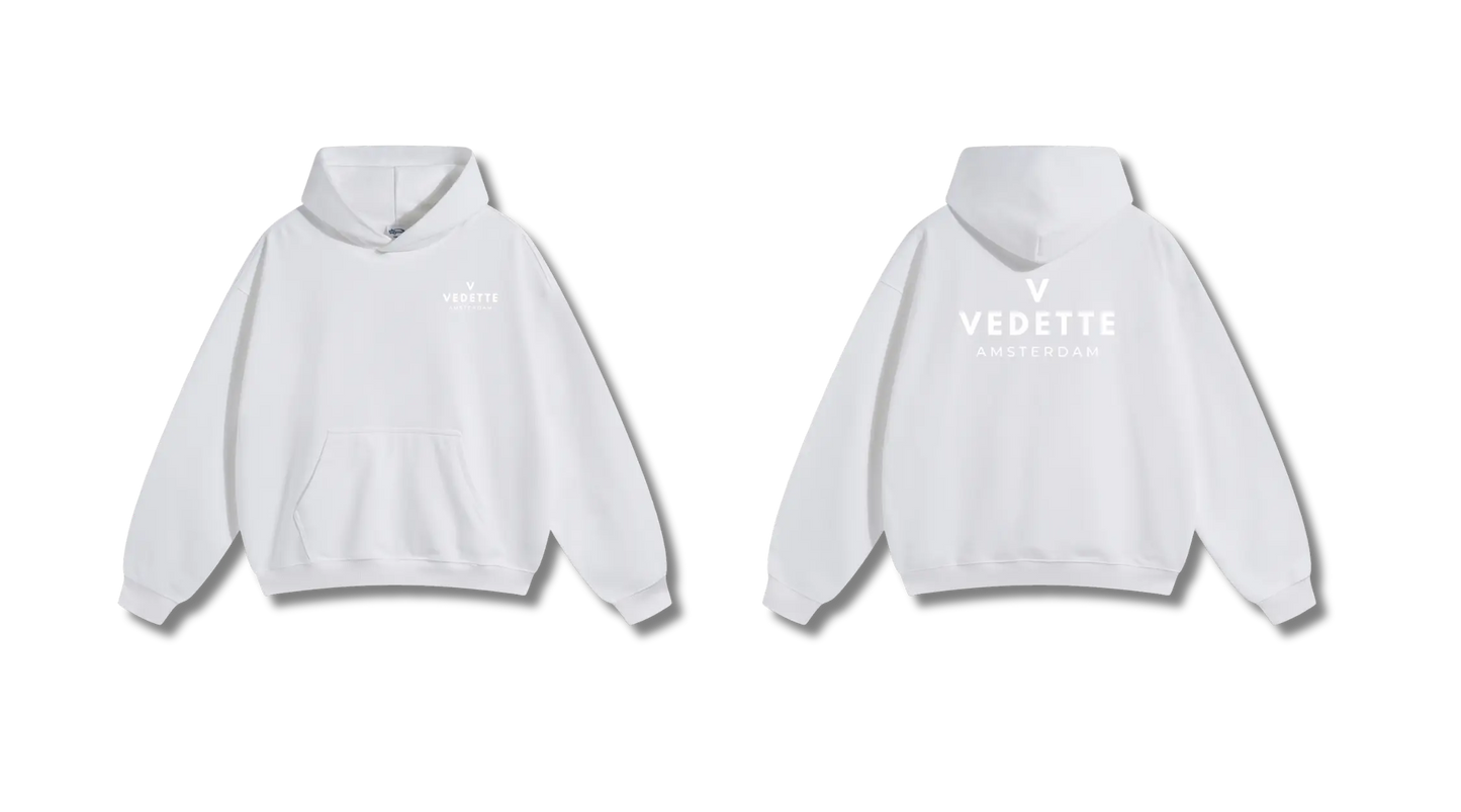 White Hoodie – White Logo – Chest + Back – Unisex Premium Fit