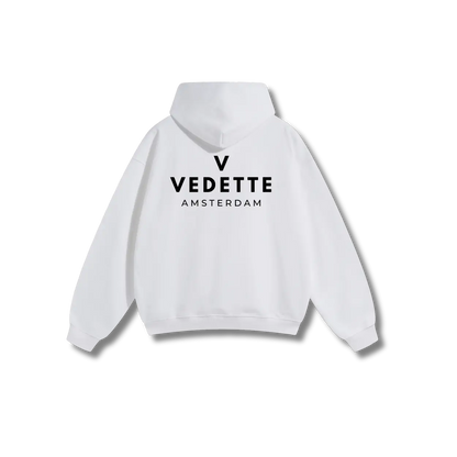 White Hoodie – Black Logo – Chest + Back – Unisex Premium Fit