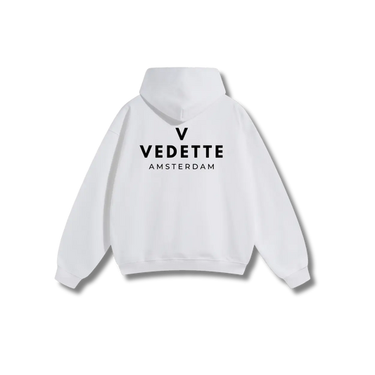 White Hoodie – Black Logo – Chest + Back – Unisex Premium Fit