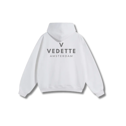 White Hoodie – Gray Logo – Chest + Back – Unisex Premium Fit