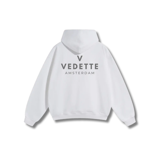 White Hoodie – Gray Logo – Chest + Back – Unisex Premium Fit