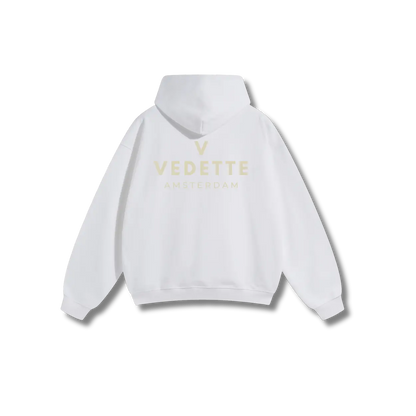 White Hoodie – Khaki Logo – Chest + Back – Unisex Premium Fit