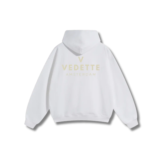 White Hoodie – Khaki Logo – Chest + Back – Unisex Premium Fit