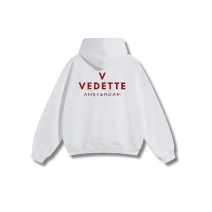 White Hoodie – Red Logo – Chest + Back – Unisex Premium Fit