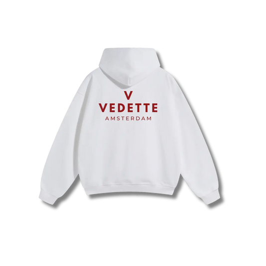 White Hoodie – Red Logo – Chest + Back – Unisex Premium Fit