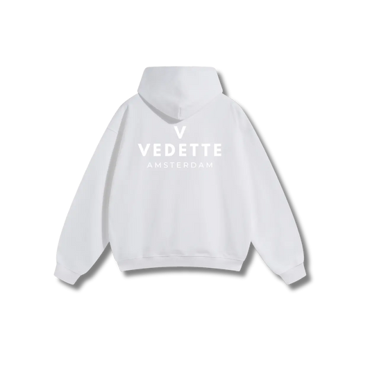 White Hoodie – White Logo – Chest + Back – Unisex Premium Fit
