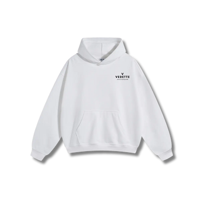 White Hoodie – Black Logo – Chest + Back – Unisex Premium Fit