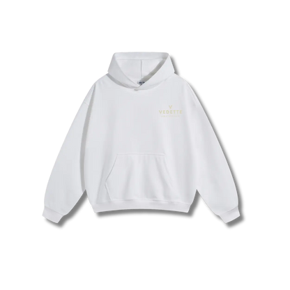 White Hoodie – Khaki Logo – Chest Only – Unisex Premium Fit