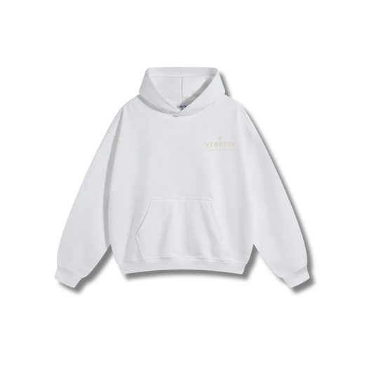 White Hoodie – Khaki Logo – Chest Only – Unisex Premium Fit