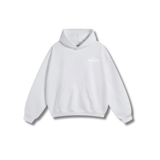 White Hoodie – White Logo – Chest Only – Unisex Premium Fit
